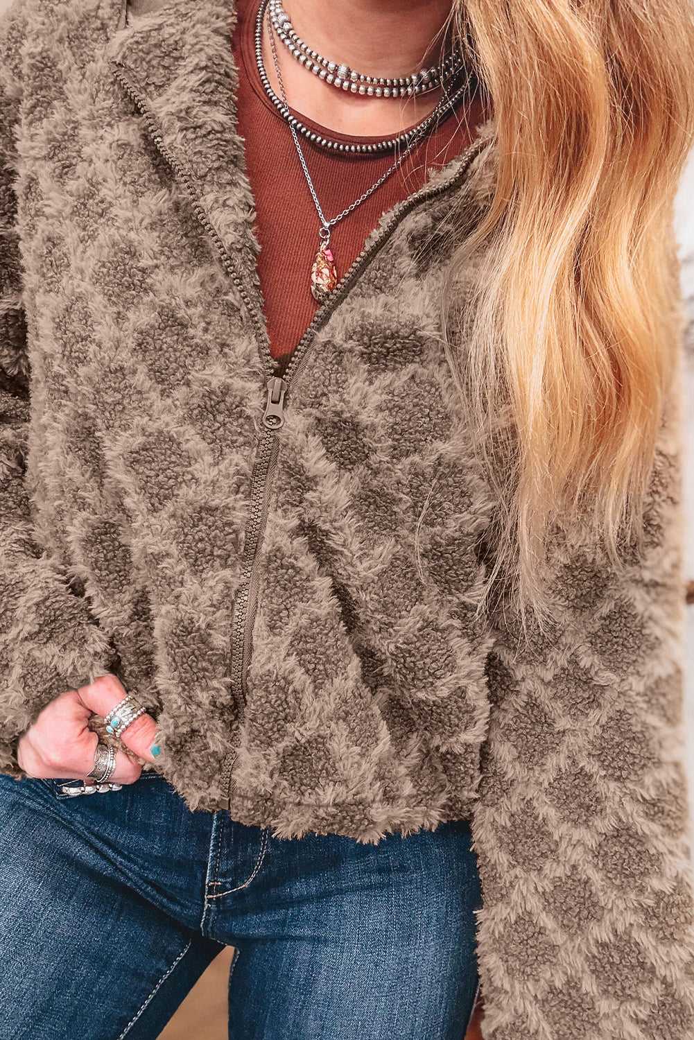 Camel Sherpa Fleece Jacket – Quilted Hooded Zip‑Up