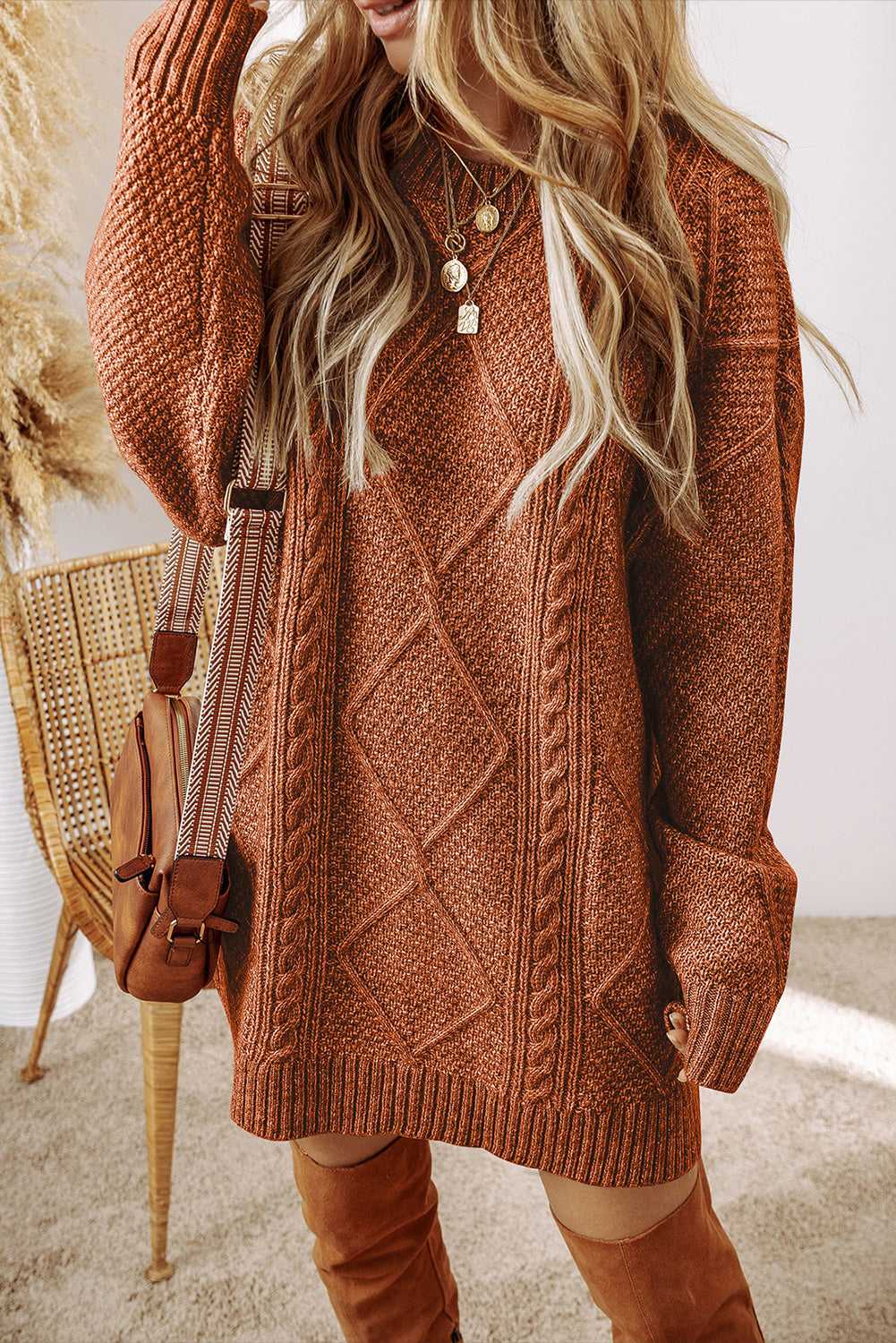 Cable Knit Jumper Dress - Drop Shoulder Loose Fit