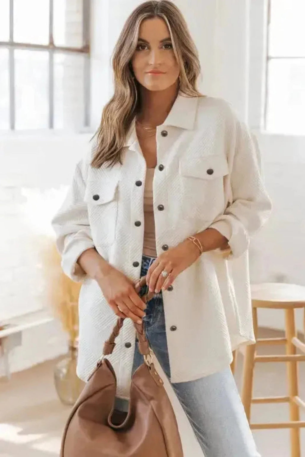 Beige Textured Shacket with Flap Pockets