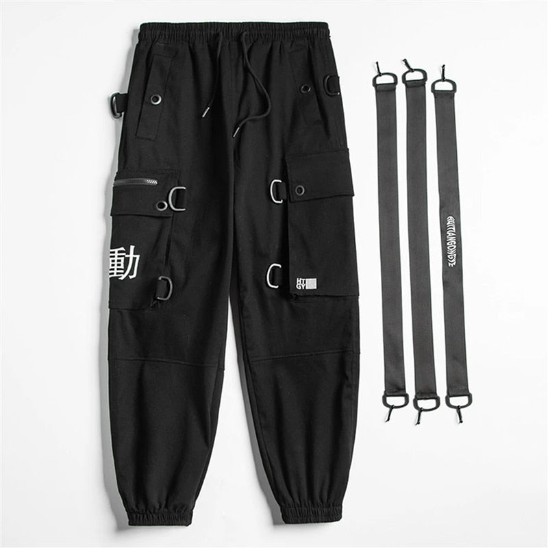 Kanji Ribbons Cargo Pants Men Multi Pockets Harajuku Hip Hop Streetwear Joggers Trouser Techwear Pants