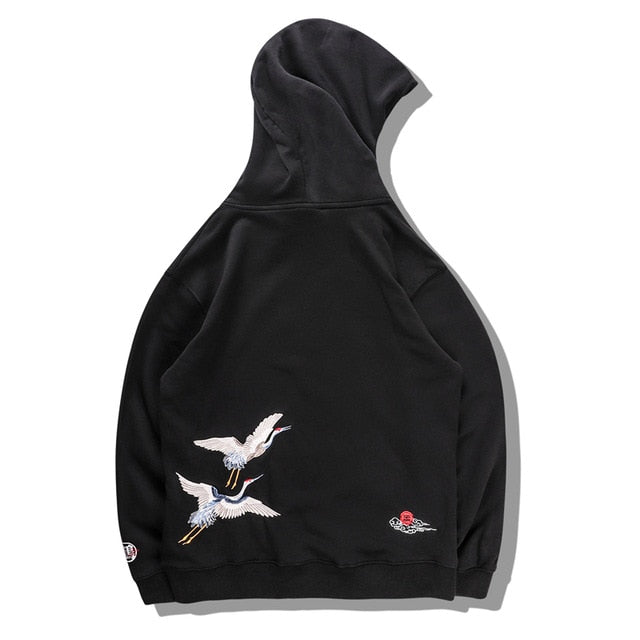 Japanese Crane Bird Embroidered Pullover Hooded Sweatshirts Hoodies Men Harajuku Hip Hop Hoodie Streetwear Tops