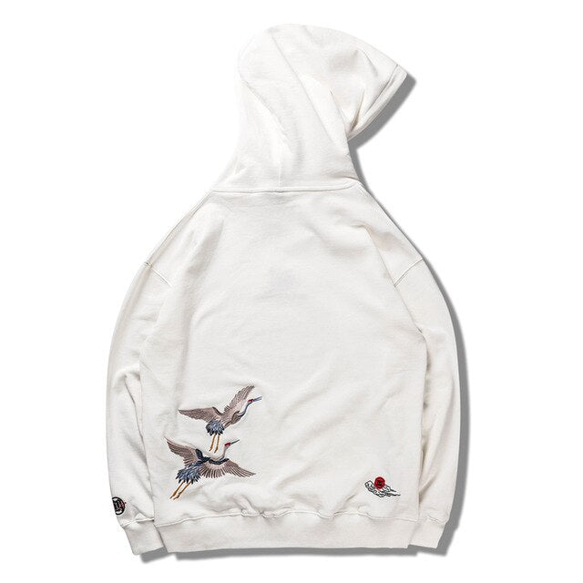 Japanese Crane Bird Embroidered Pullover Hooded Sweatshirts Hoodies Men Harajuku Hip Hop Hoodie Streetwear Tops