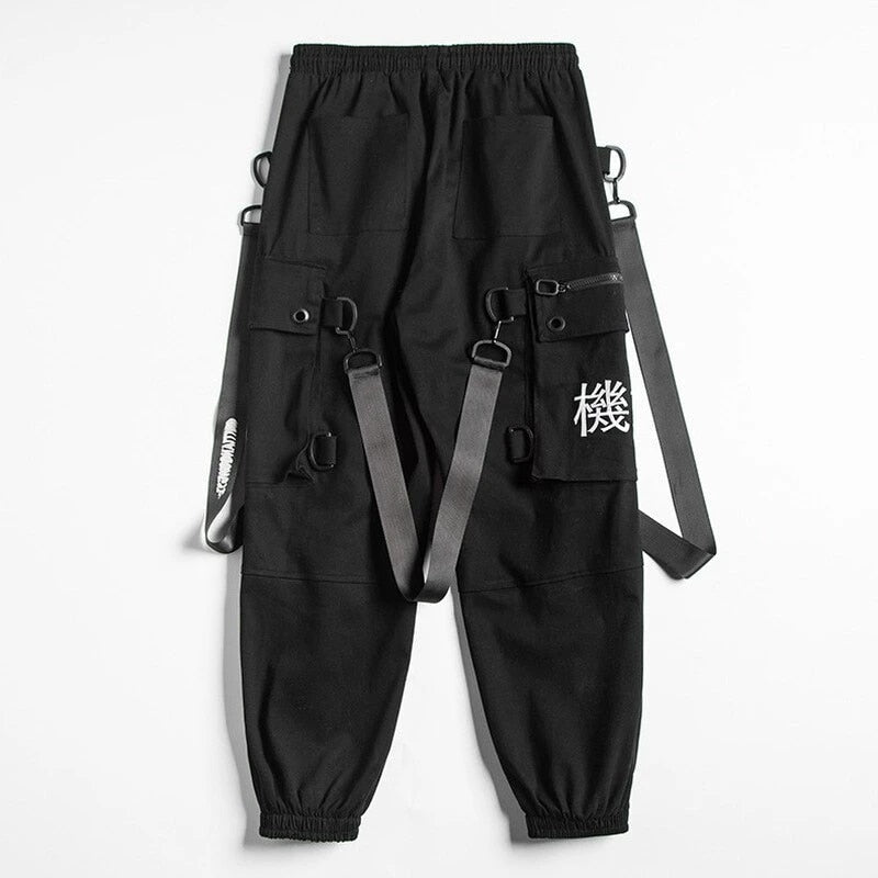 Kanji Ribbons Cargo Pants Men Multi Pockets Harajuku Hip Hop Streetwear Joggers Trouser Techwear Pants