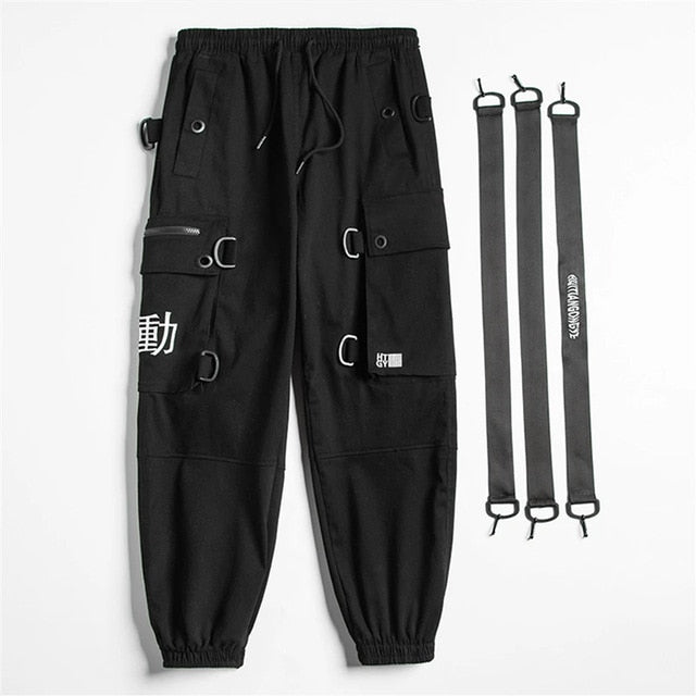 Kanji Ribbons Cargo Pants Men Multi Pockets Harajuku Hip Hop Streetwear Joggers Trouser Techwear Pants