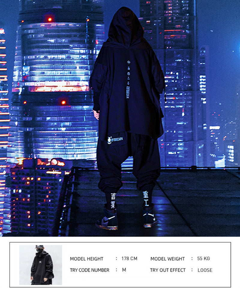 Japanese Streetwear Man Hoodies Hip Hop Embroideried Pullover Patchwork Fake Two Darkwear Tops Techwear Hoodies