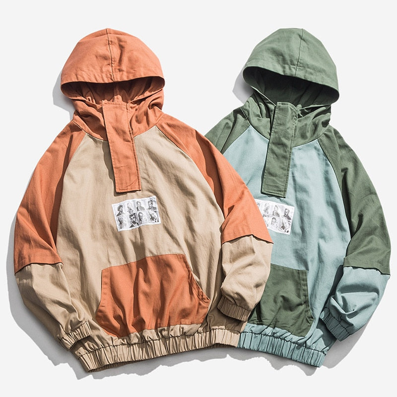 Men Patchwork  Pullover Sweatshirt Street Harajuku Hip Hop Streetwear Spring Hoodie