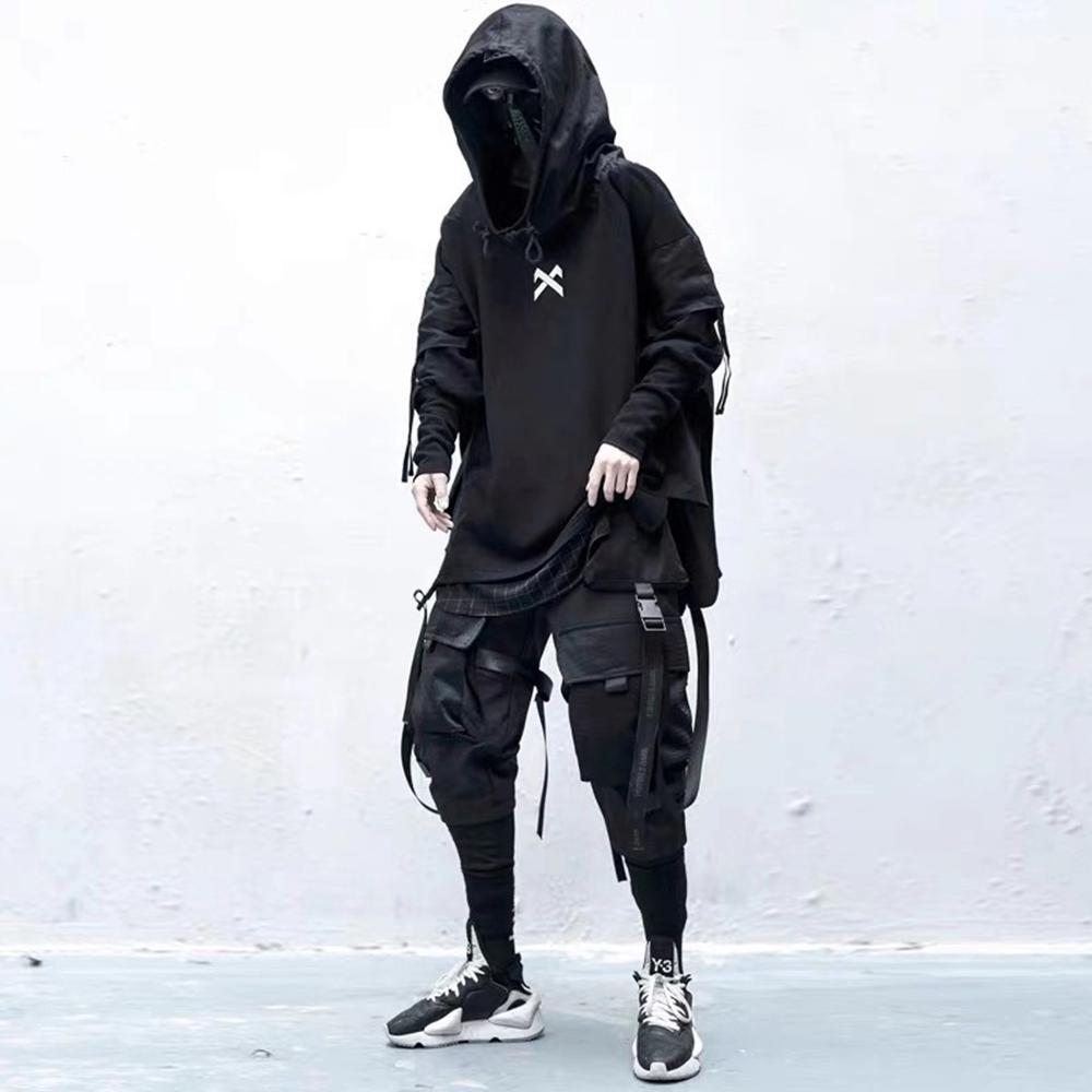 Japanese Streetwear Man Hoodies Hip Hop Embroideried Pullover Patchwork Fake Two Darkwear Tops Techwear Hoodies