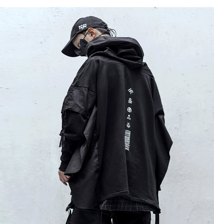 Japanese Streetwear Man Hoodies Hip Hop Embroideried Pullover Patchwork Fake Two Darkwear Tops Techwear Hoodies