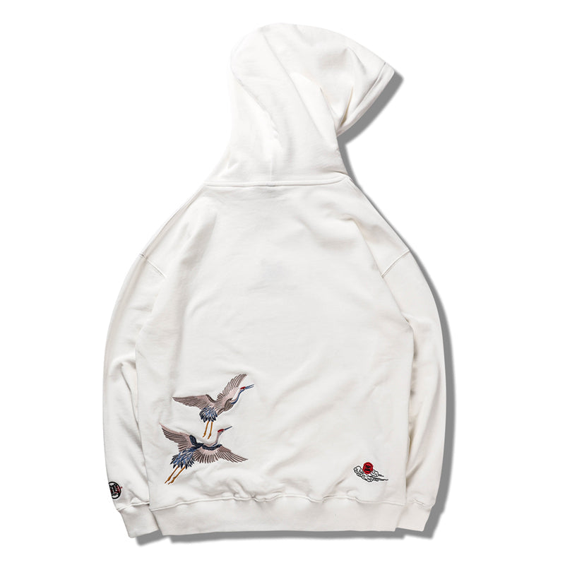 Japanese Crane Bird Embroidered Pullover Hooded Sweatshirts Hoodies Men Harajuku Hip Hop Hoodie Streetwear Tops