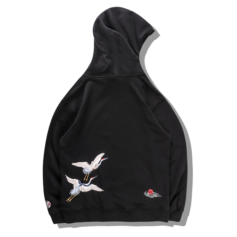 Japanese Crane Bird Embroidered Pullover Hooded Sweatshirts Hoodies Men Harajuku Hip Hop Hoodie Streetwear Tops