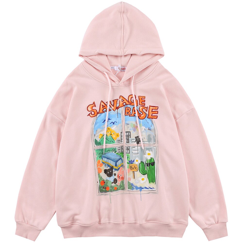 Hoodie Men Colorful Painting Floral Bear Hooded Pullover Japanese College Style Hipster Sweatshirt Oversized Streetwear